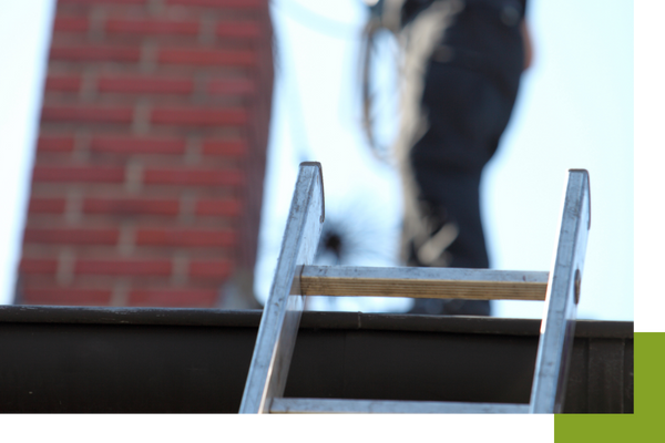 Ladder leaning along a roof