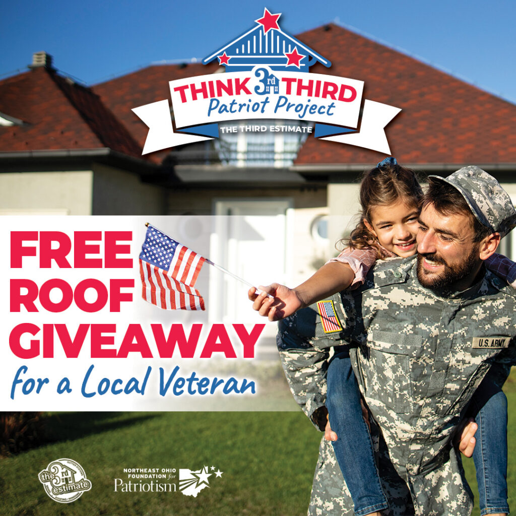 Picture of veteran with child with message about our free roof giveaway