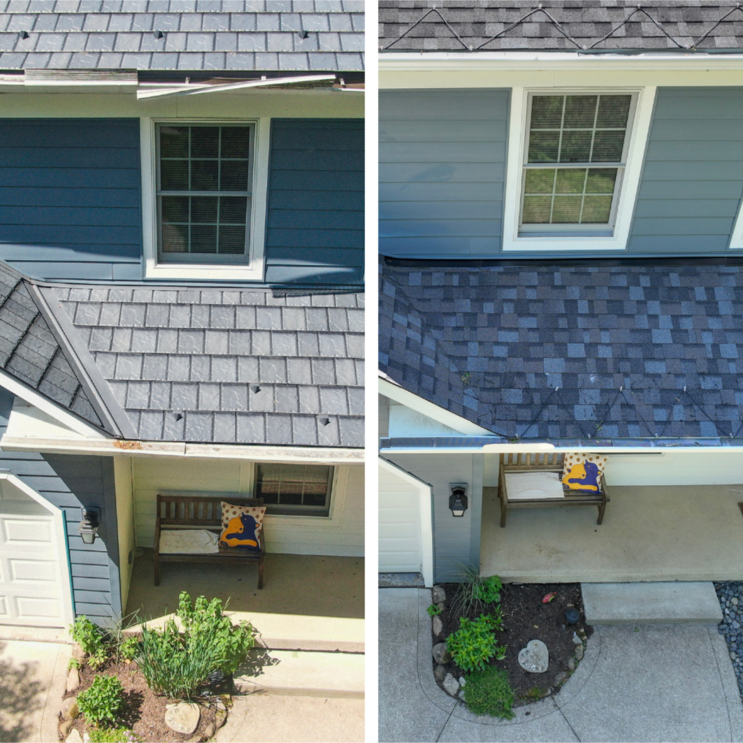 Before and after roof replacement chagrin falls oh by The Third Estimate highlighting instant curb appeal.