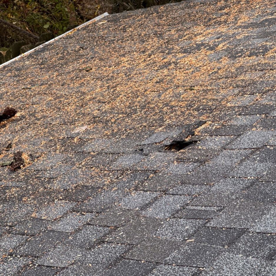 The Third Estimate Crew inspecting a roof damage with missing shingles at house in Shaker Heights, OH.